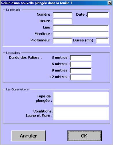 Formulaire de saisie d'une nouvelle plongée